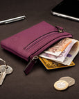 RFID Small leather zip coin pouch, purple pebble grain, lifestyle