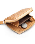 Small zip around woven leather accordion purse, copper, inside