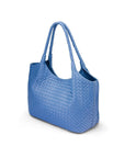 Woven leather shoulder bag, cornflower blue, side view