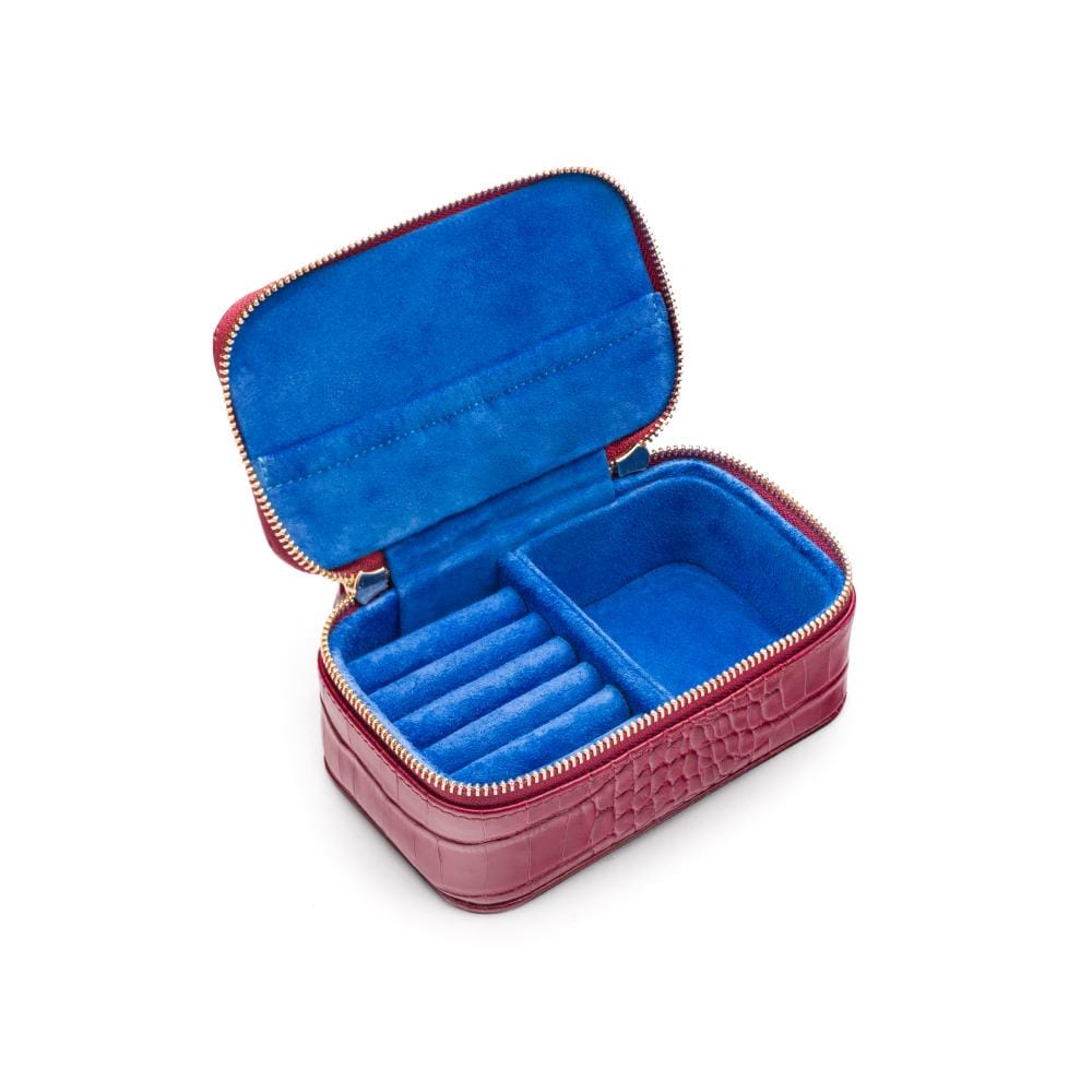 Rectangular zip around jewellery case, dark pink croc, open