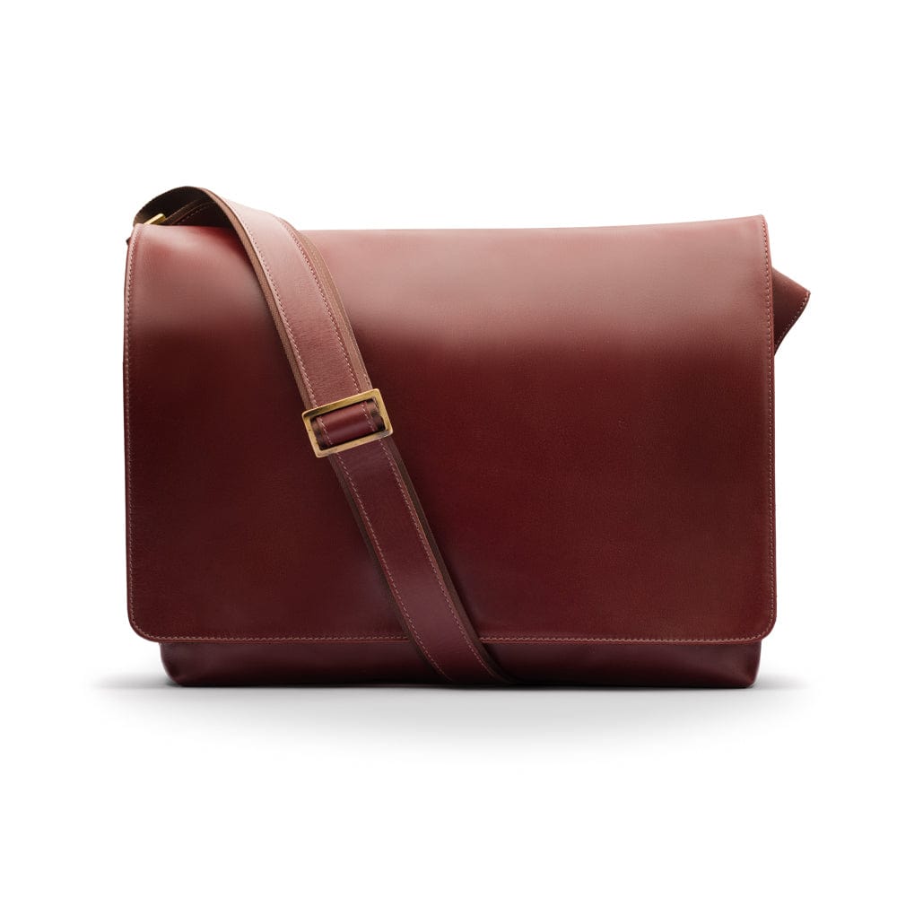 Men's large leather messenger bag, dark tan, front