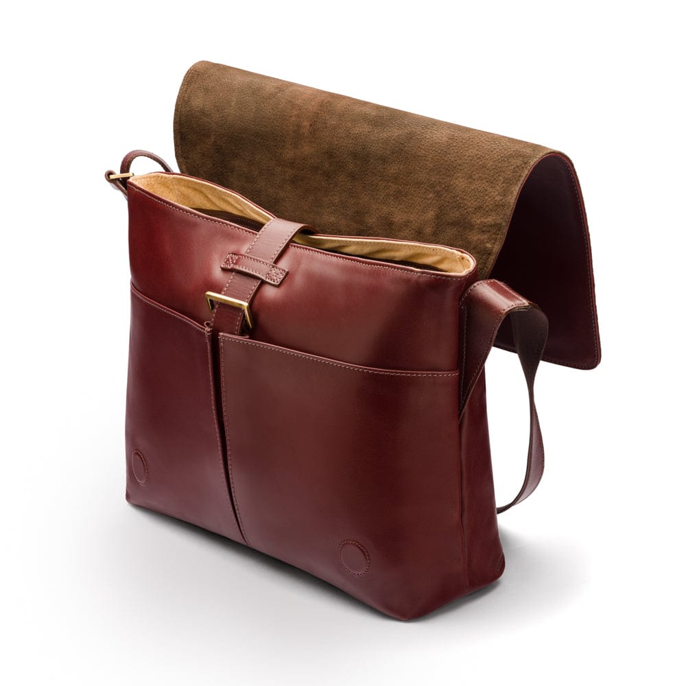 Men's large leather messenger bag, dark tan, open