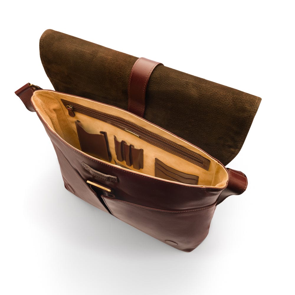 Men's large leather messenger bag, dark tan, inside