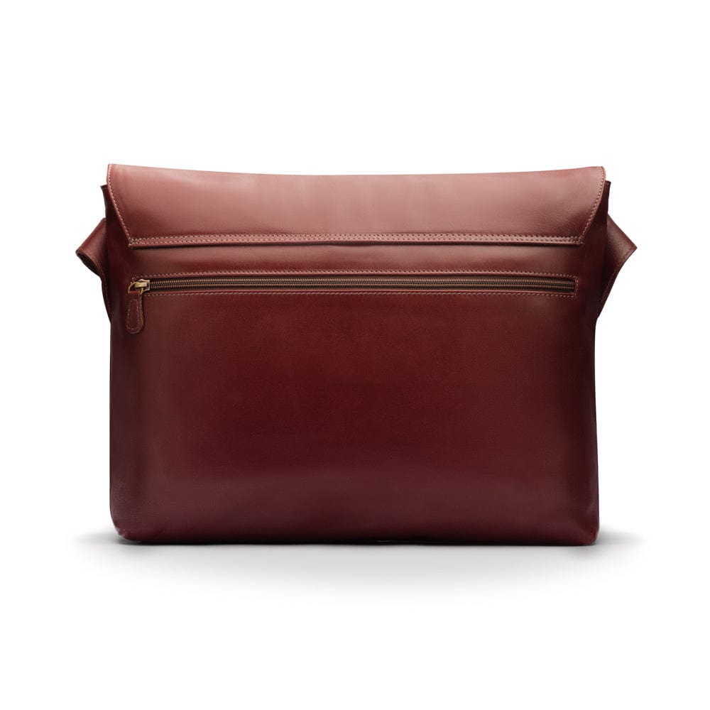 Men's large leather messenger bag, dark tan, back