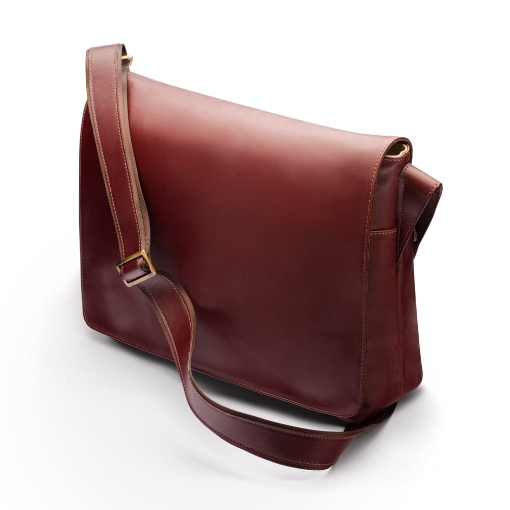 Men's large leather messenger bag, dark tan, side