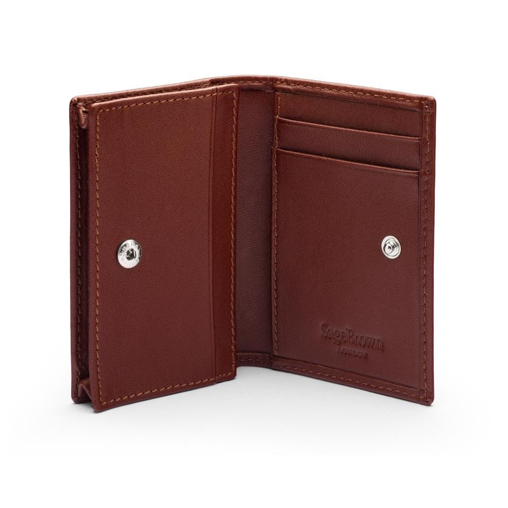 Expandable leather business card holder, dark tan, open