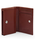 Expandable leather business card holder, dark tan, open