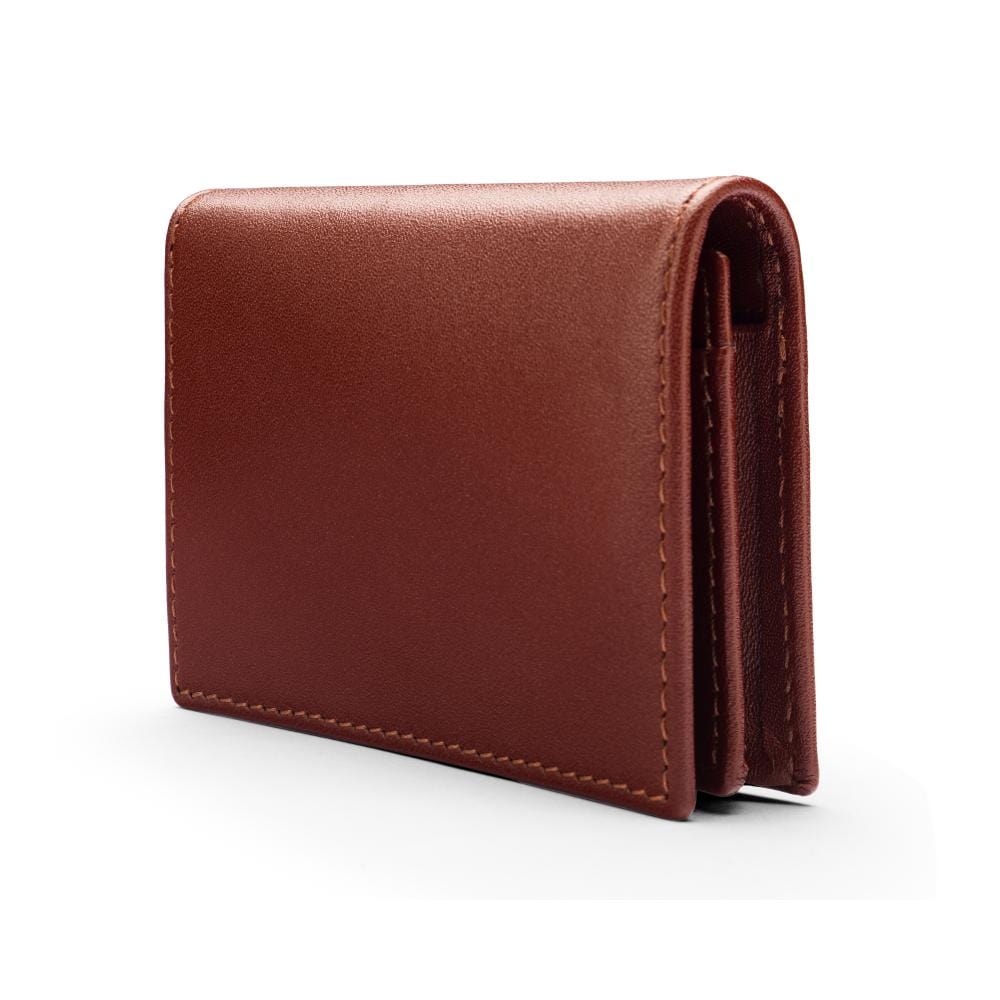Expandable leather business card holder, dark tan, side