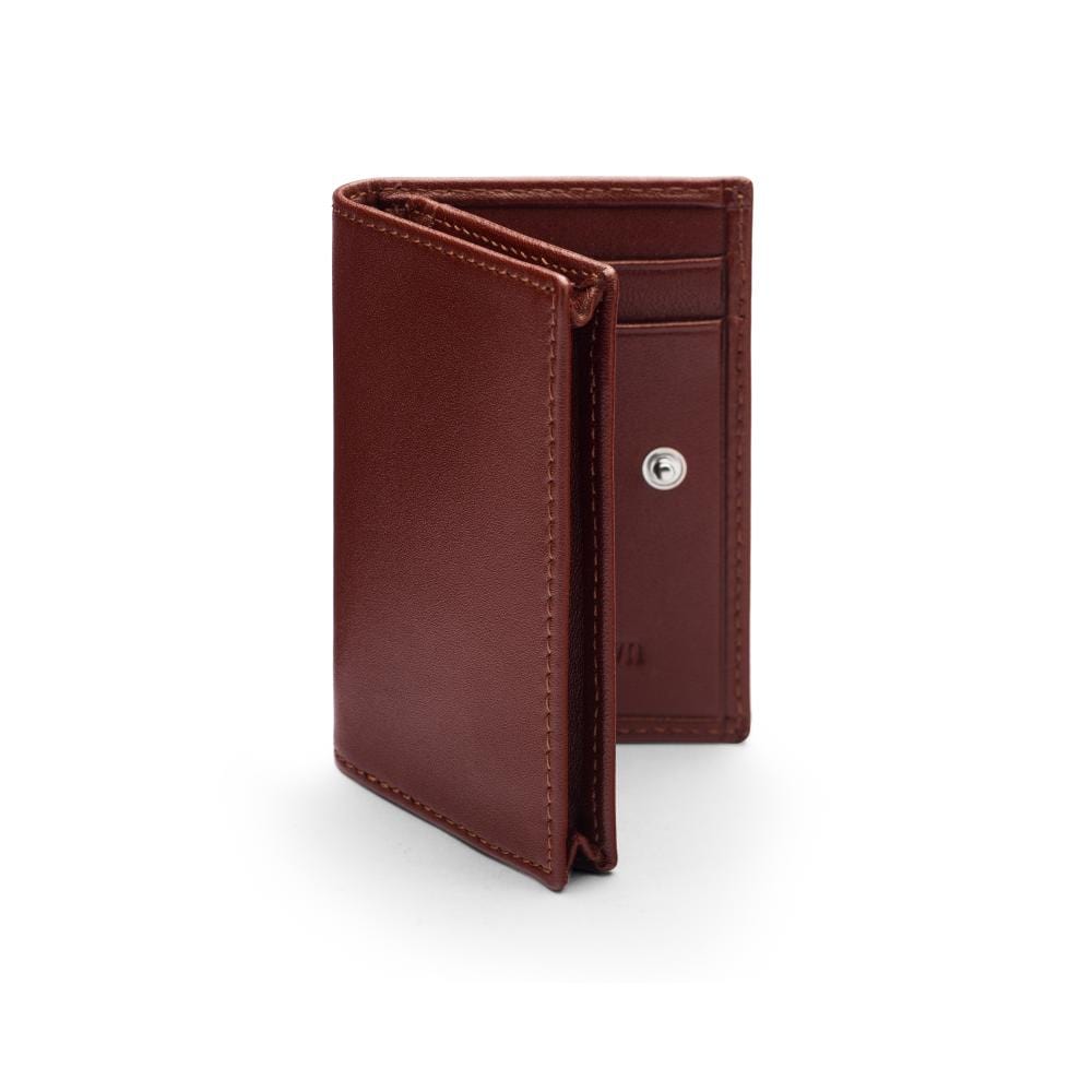 Expandable leather business card holder, dark tan, front