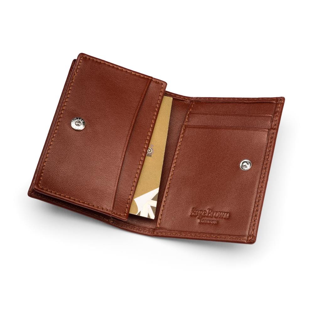 Expandable leather business card holder, dark tan, inside