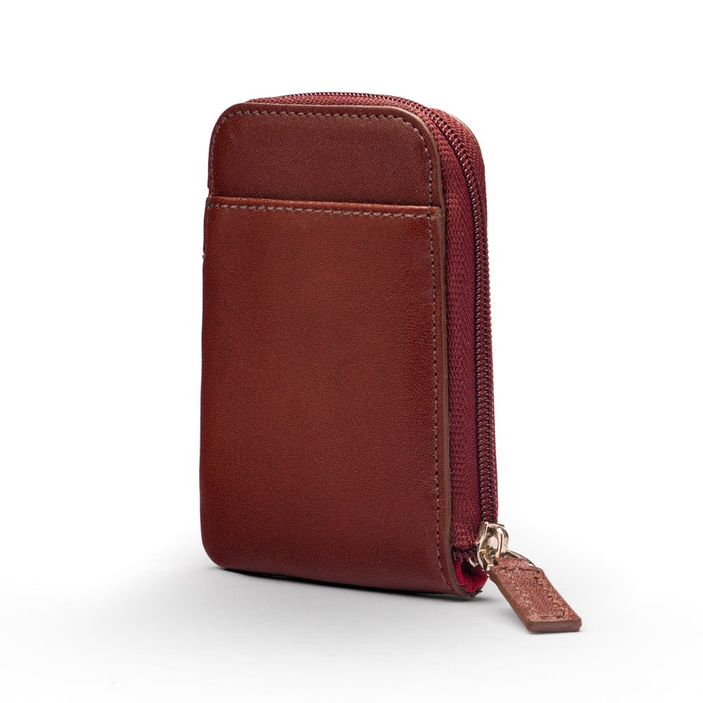 Leather card case with zip, dark tan, front view