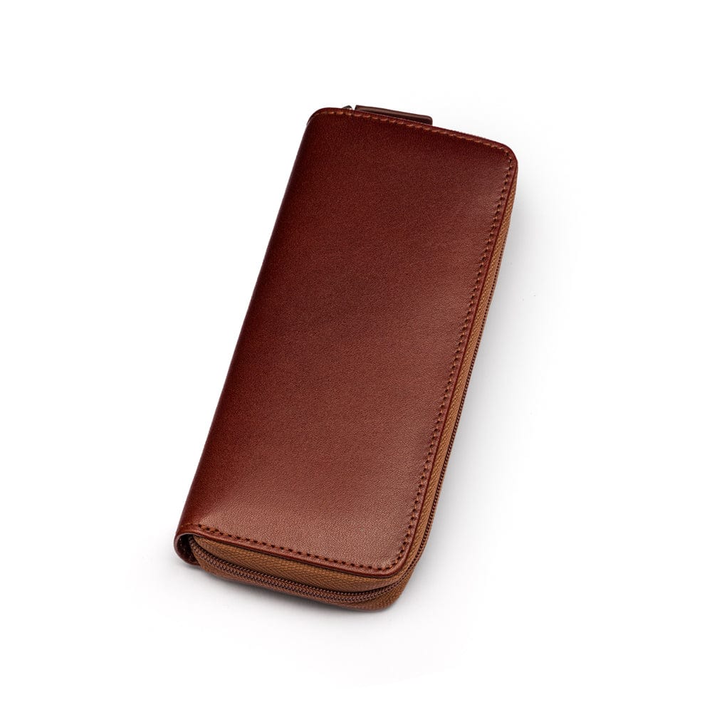Leather zip around triple pen case, dark tan, front