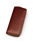Leather zip around triple pen case, dark tan, front