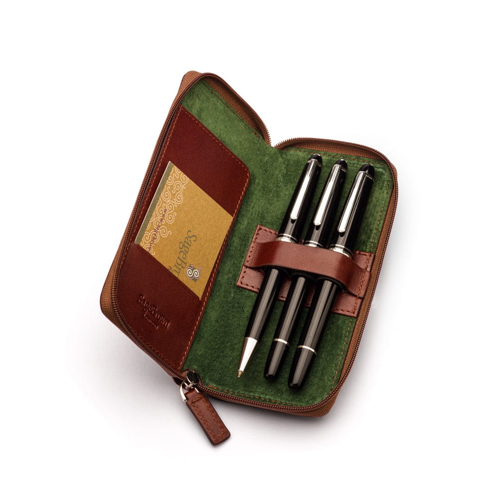 Leather zip around triple pen case, dark tan, inside