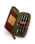 Leather zip around triple pen case, dark tan, inside