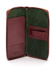 Leather zip around triple pen case, dark tan, open