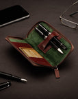 Leather zip around triple pen case, dark tan, lifestyle