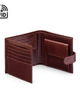 Leather RFID wallet with coin purse, ID and tab closure, dark tan, open