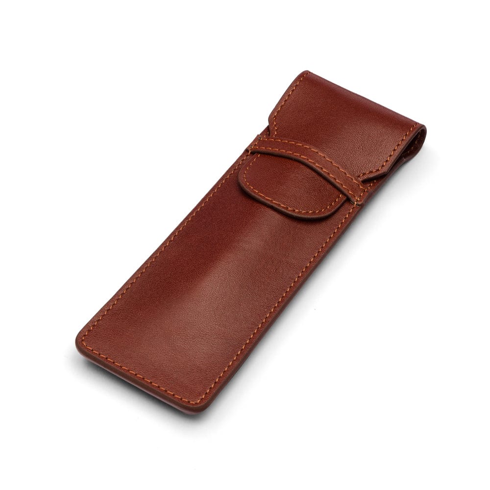 Single leather pen case, dark tan, front