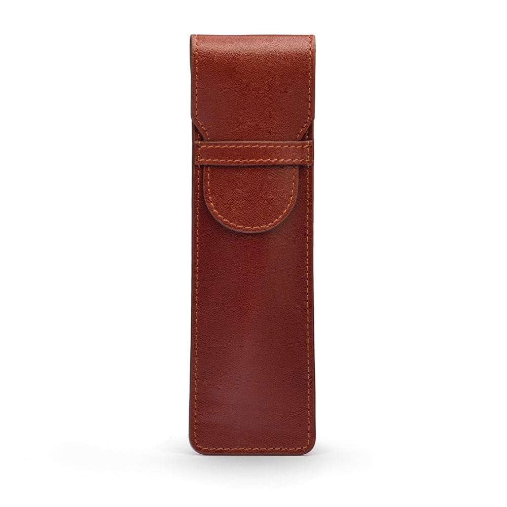 Single leather pen case, dark tan, front view