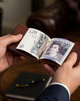 Leather money clip wallet, dark tan, lifestyle