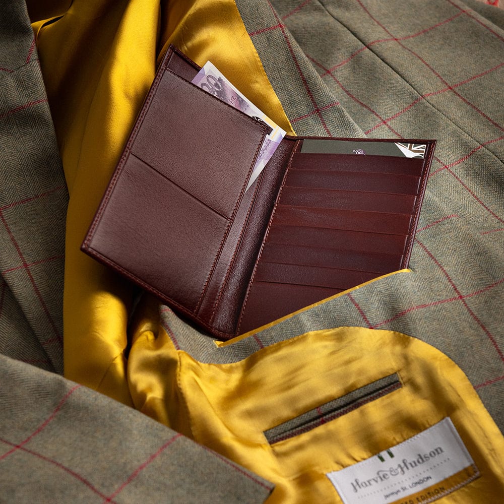 Slim tall leather suit wallet, dark tan, lifestyle