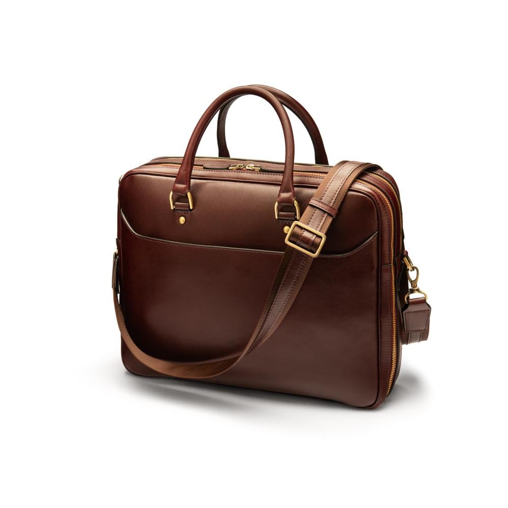 17" laptop briefcase, dark tan, with shoulder strap