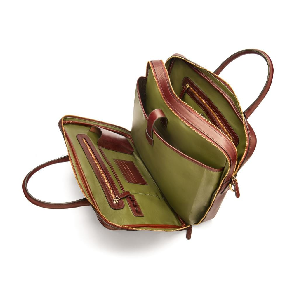 17" laptop briefcase, dark tan, inside