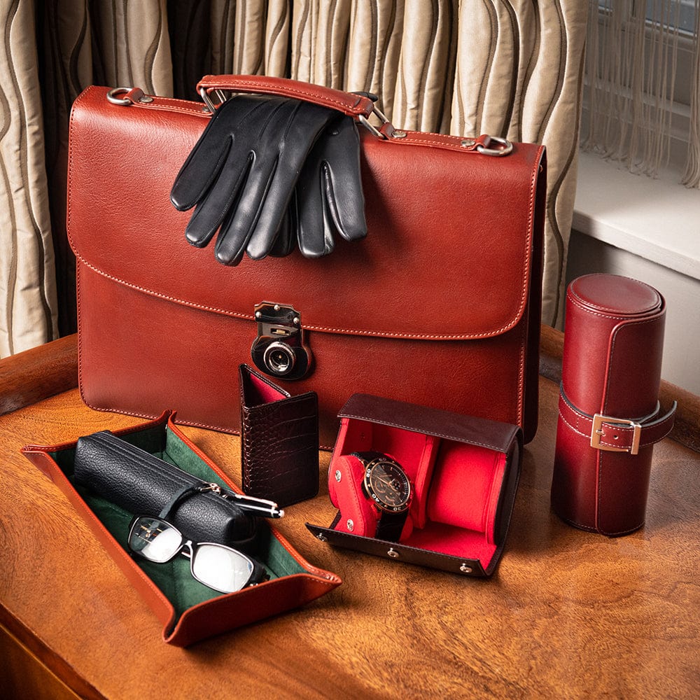 Large leather watch roll, dark tan, lifestyle