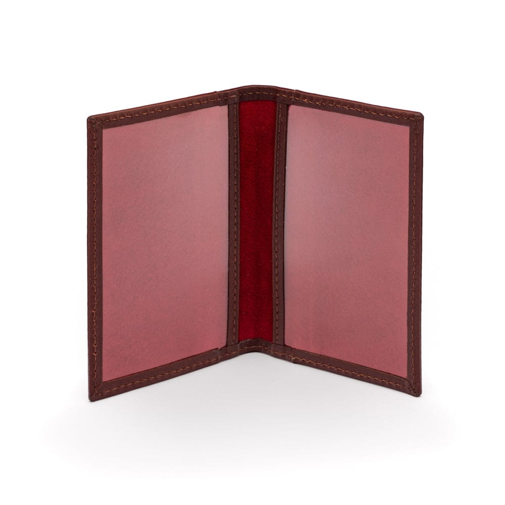 Leather travel card wallet, dark tan with red, inside