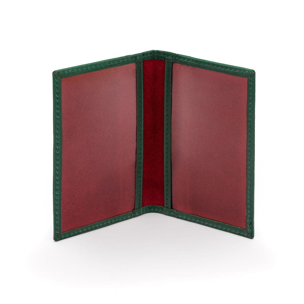 Leather travel card wallet, emerald green with red, inside