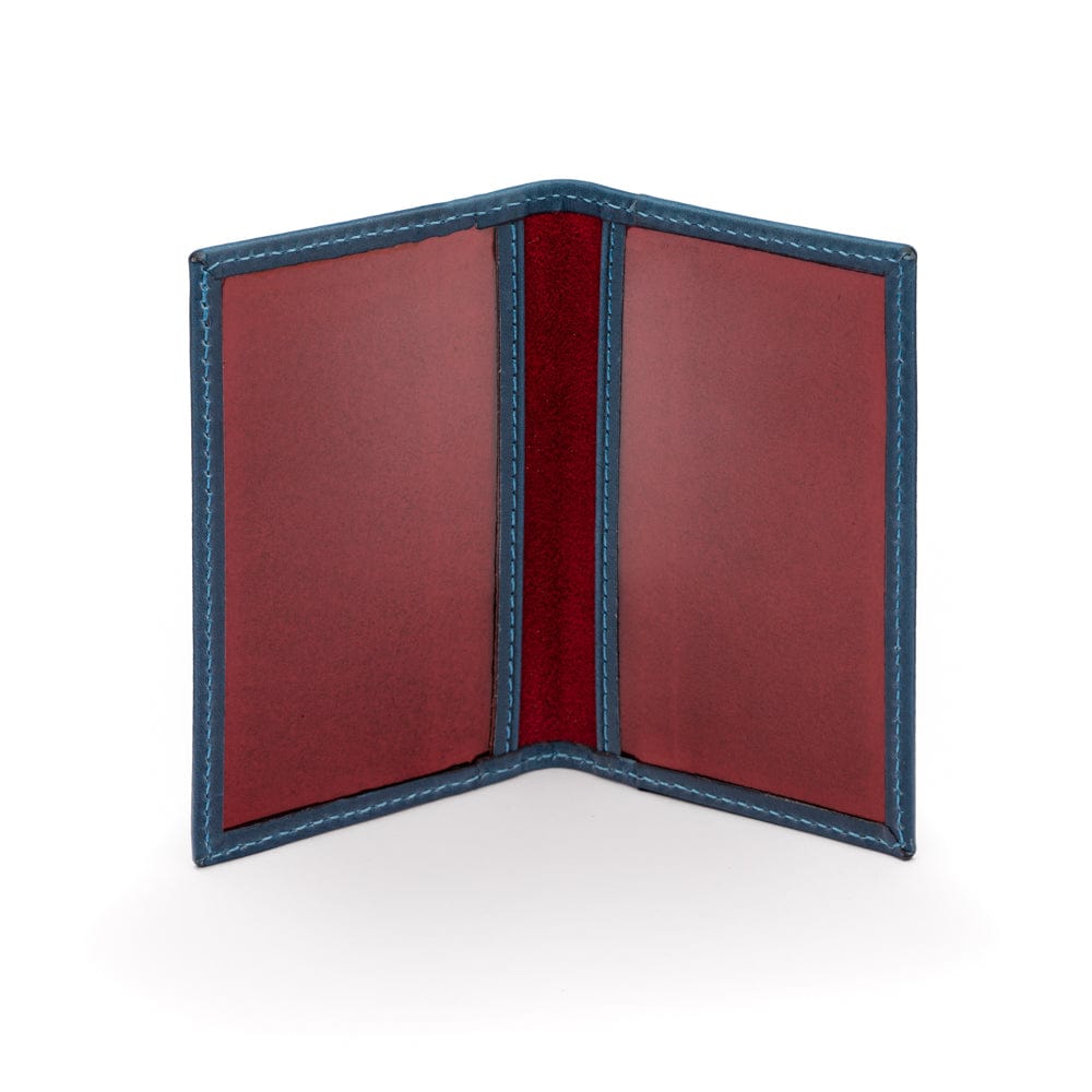 Leather travel card wallet, blue with red, inside