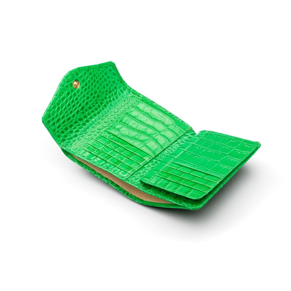 Large leather purse with 15 CC, emerald croc, open