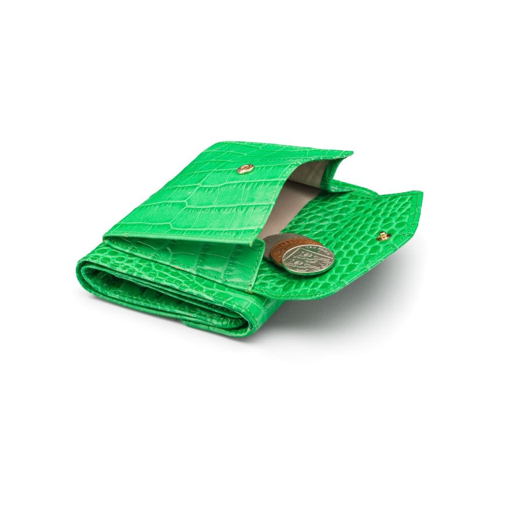 Large leather purse with 15 CC, emerald croc, coin purse