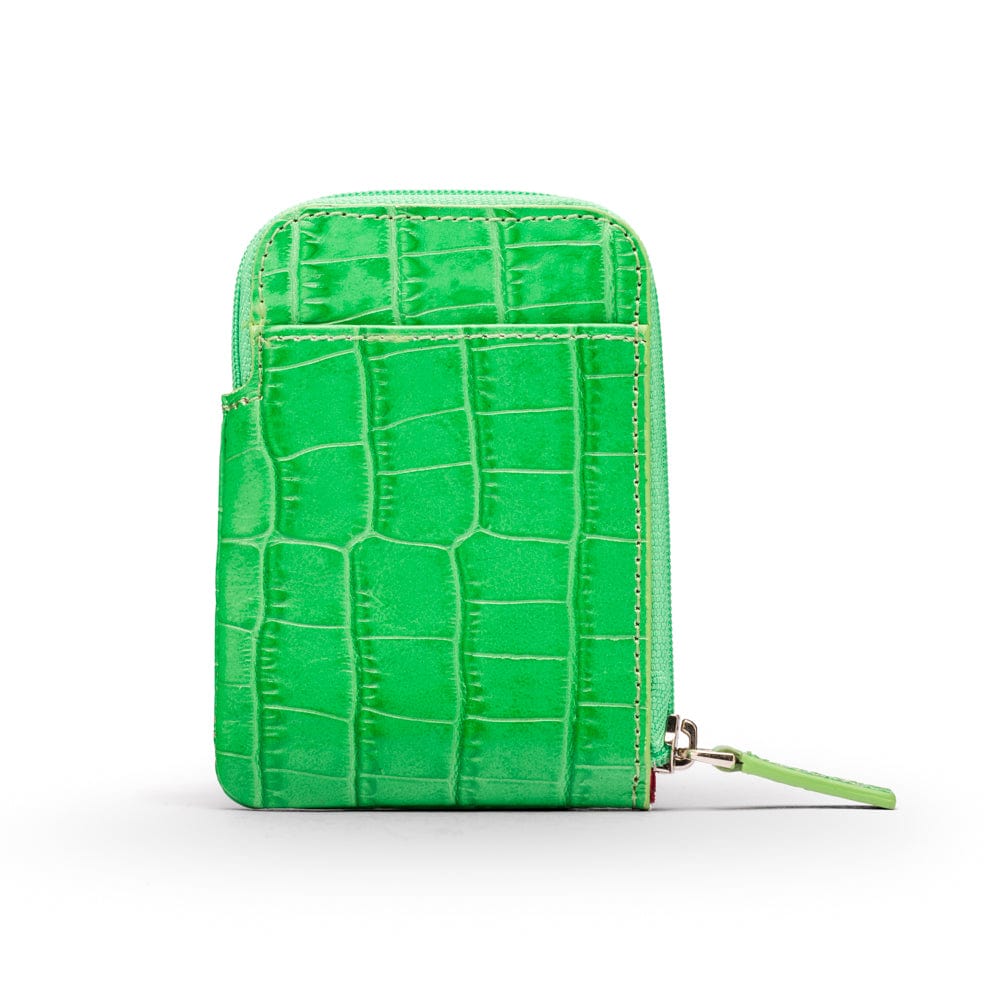 Leather card case with zip, emerald croc, front