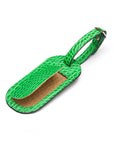 Leather luggage tag, emerald green croc, front open