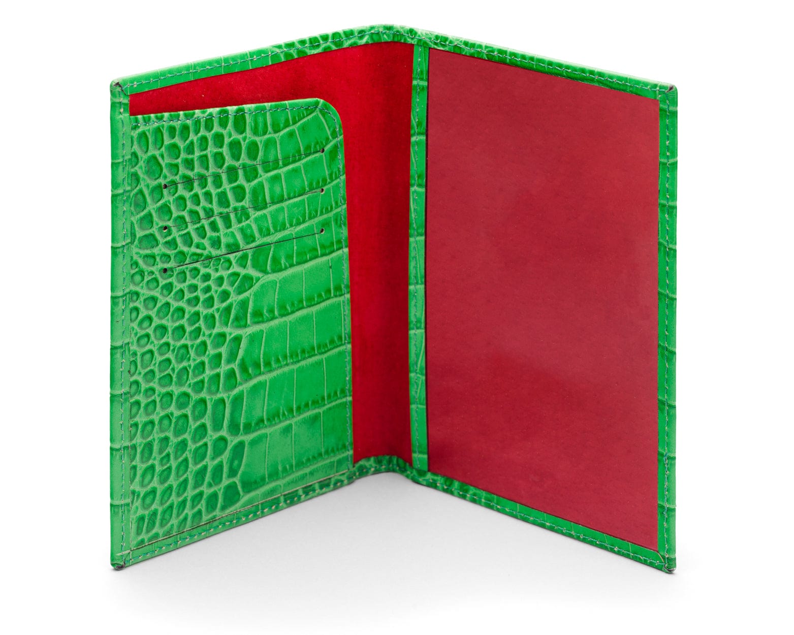 Luxury leather passport cover, emerald croc, inside