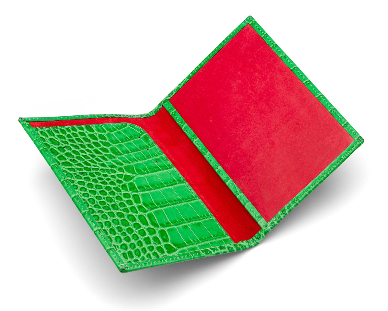 Luxury leather passport cover, emerald croc, open