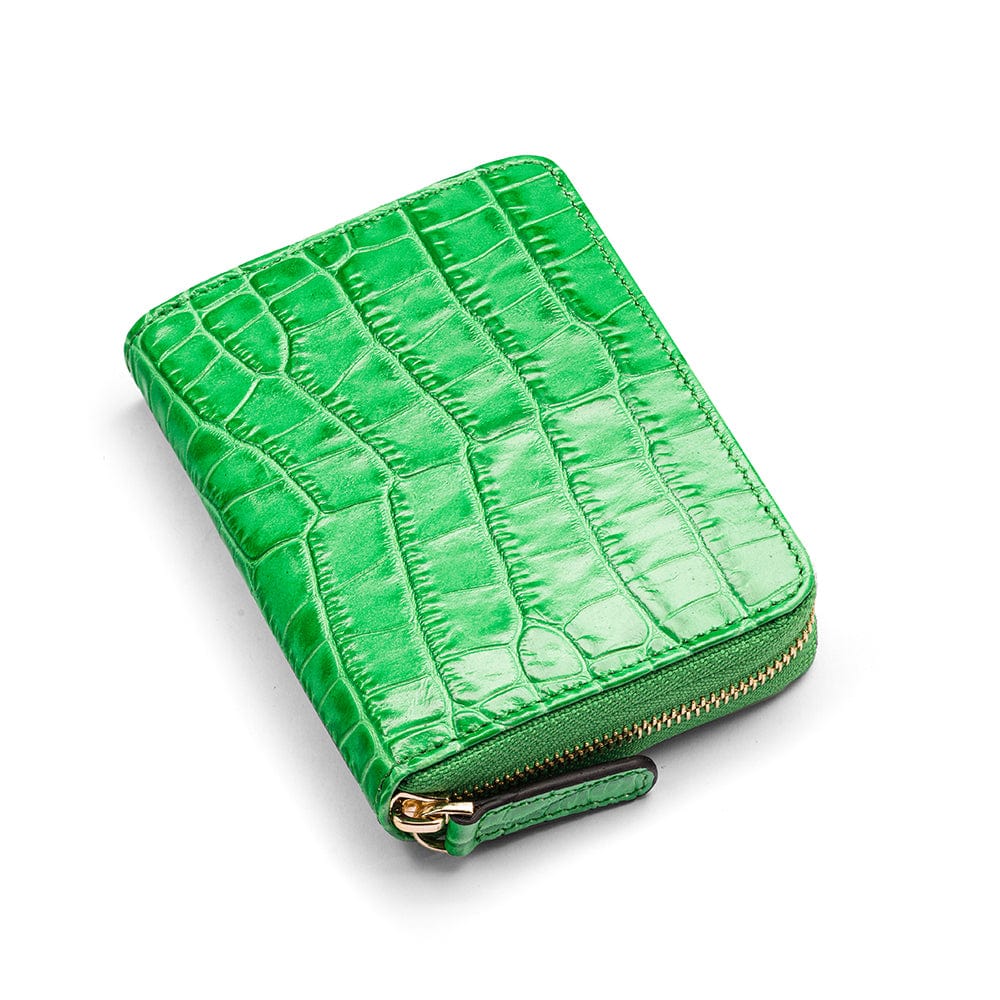 Small leather zip around accordion coin purse, emerald croc, front view