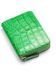 Small leather zip around accordion coin purse, emerald croc, front view