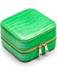 Leather travel jewellery case with zip, emerald croc, side view