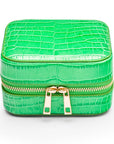 Leather travel jewellery case with zip, emerald croc, front