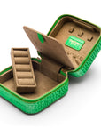 Leather travel jewellery case with zip, emerald croc, inside