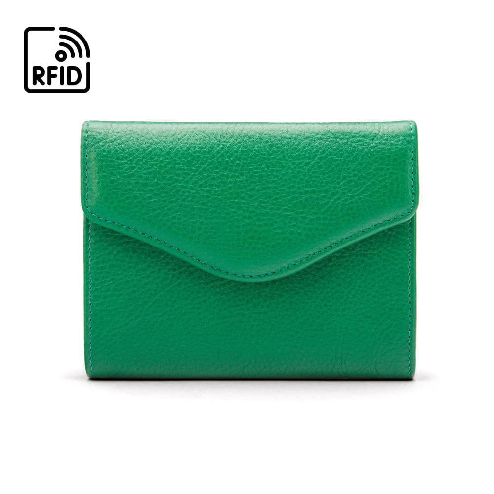RFID Large leather purse with 15 CC, emerald, front