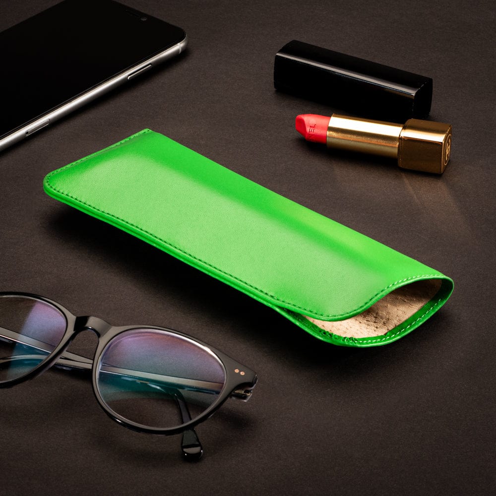 Large leather glasses case, soft emerald, lifestyle