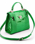 Leather mini Catherine bag, emerald patent croc, with shoulder strap