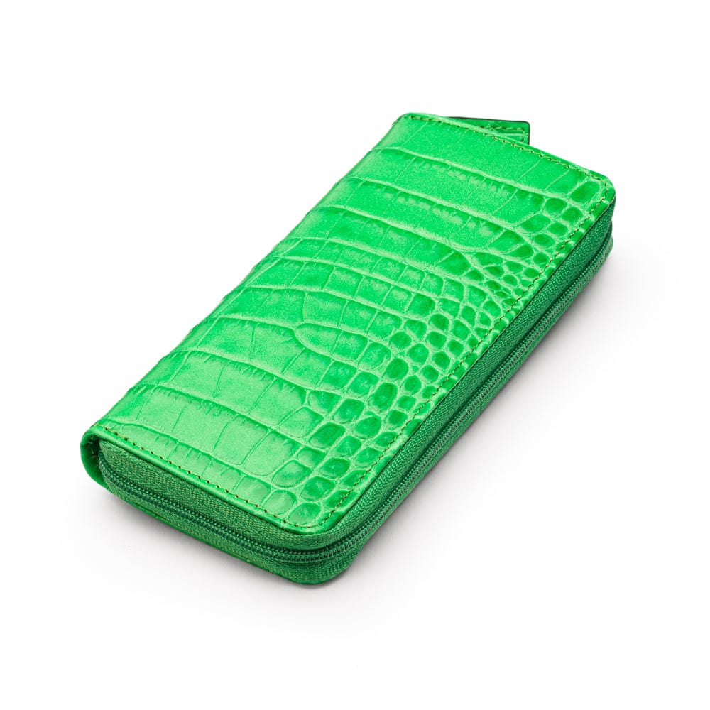 Leather zip around triple pen case, emerald croc, side