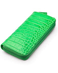 Leather zip around triple pen case, emerald croc, side