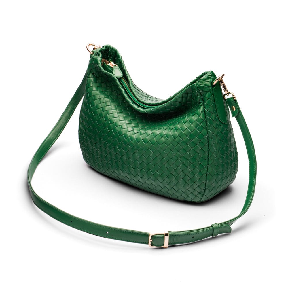 Melissa slouchy leather woven bag with zip closure, emerald, with long shoulder strap