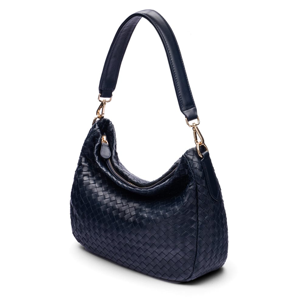 Melissa slouchy leather woven bag with zip closure, navy, side
